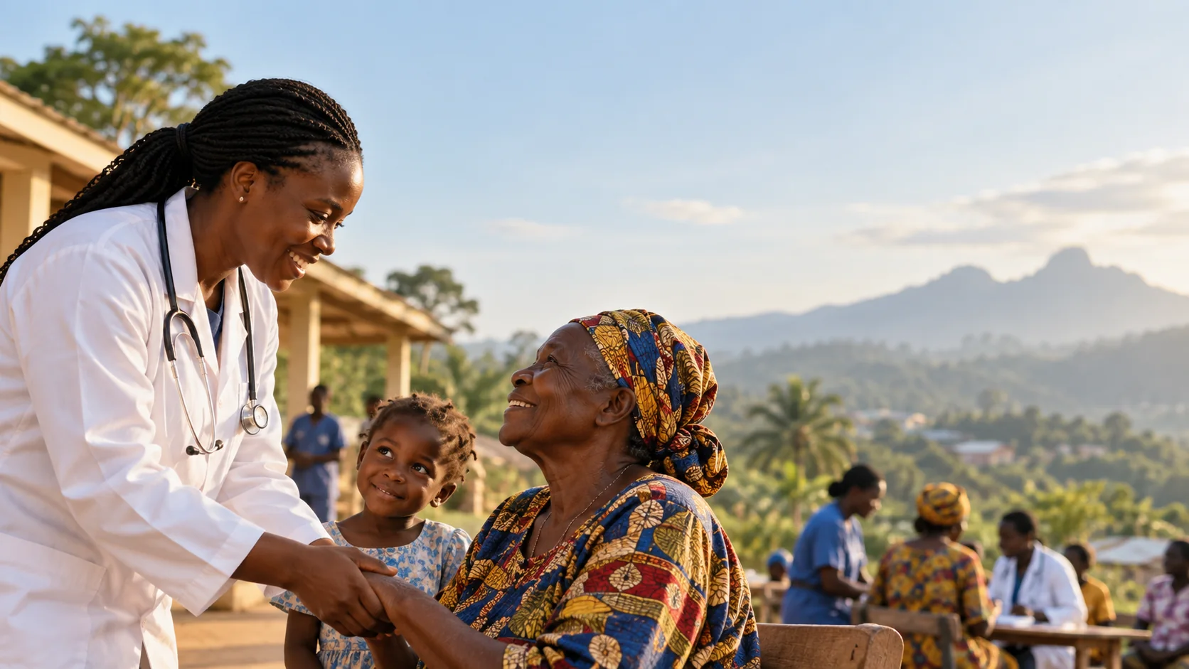 A Cameroonian medical team speaking with a patient in a rural clinic